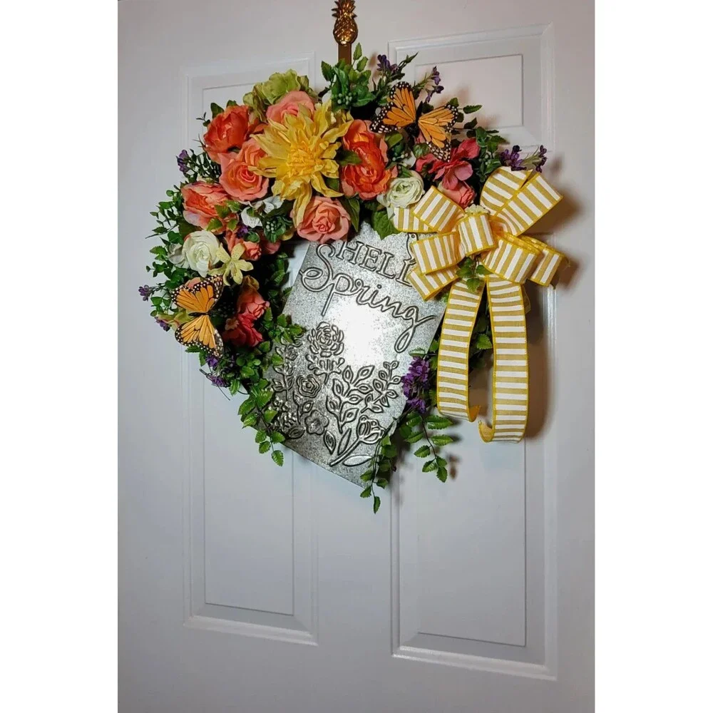 Hello Spring Butterfly Wreath, Spring Florals Grapevine, Floral Farmhouse Wreath